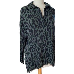 Umgee Top Sz XL Leopard Mob Wife Raw Edge Fringe Gauzy Green Black Popover Tunic